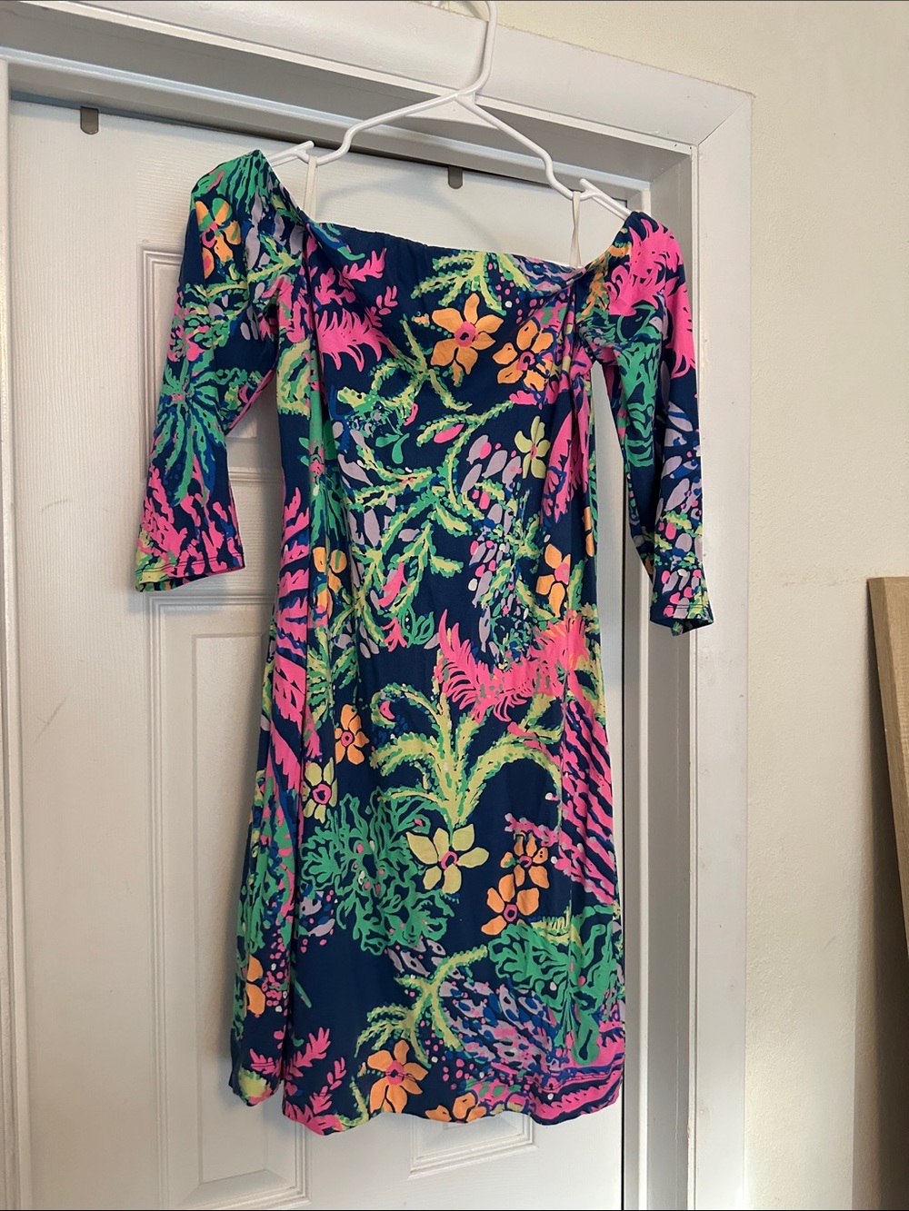 Lilly Pulitzer Off-Shoulder Tropical Floral Dress in Navy, Pink & Green